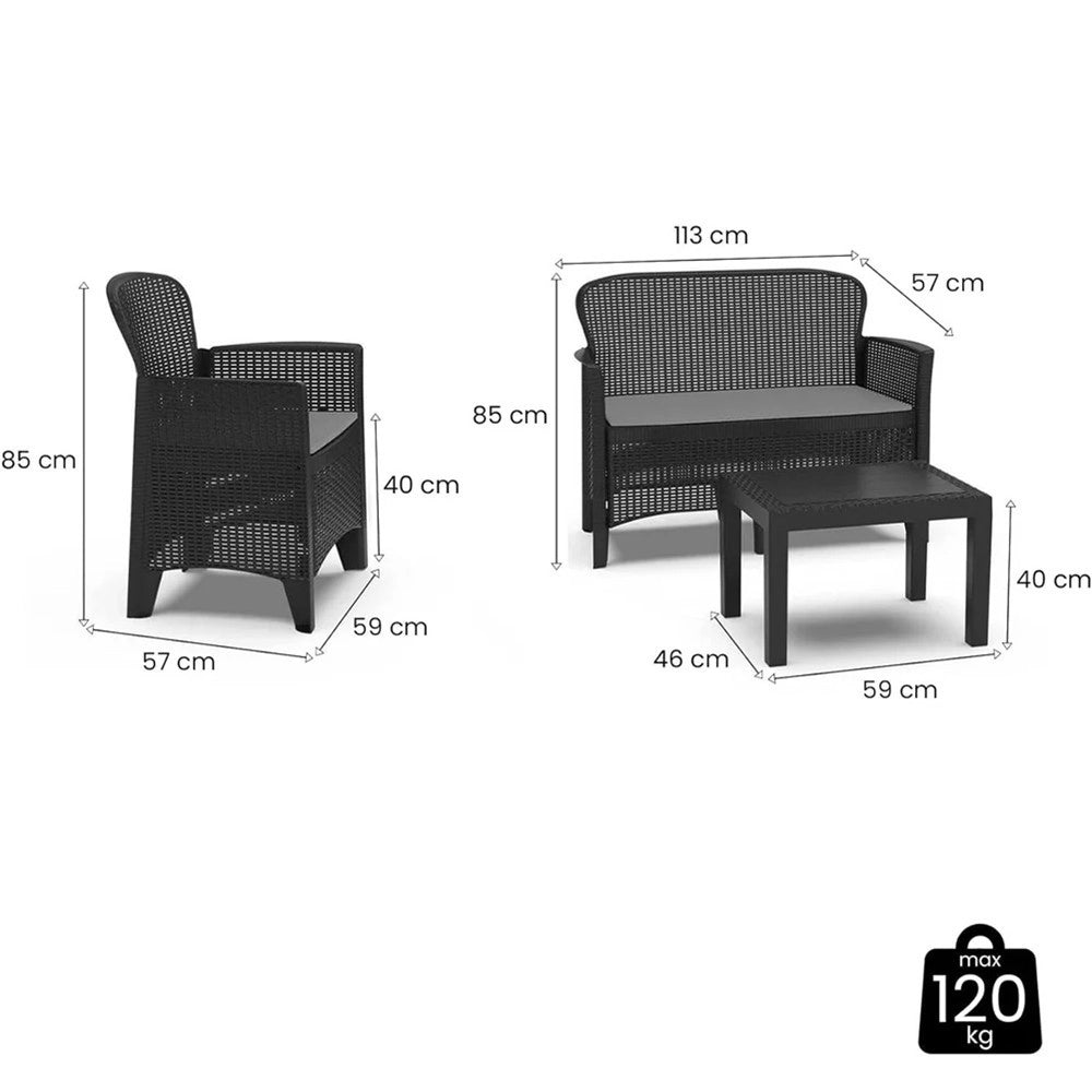 Trade Shop - Set Salotto Giardino Divano 2 Poltrone Tavolino Cuscini Effetto Rattan Antracite 156043 -