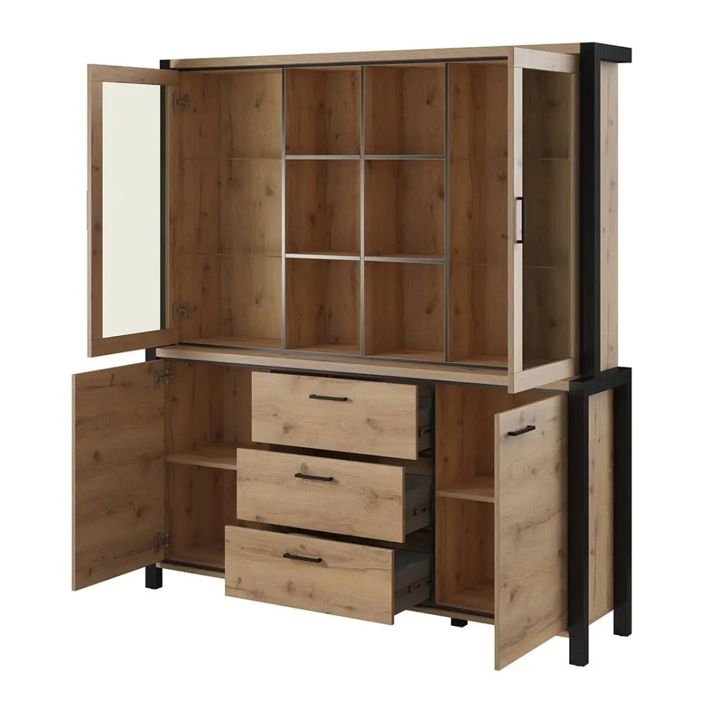 Set buffet e credenza con illuminazione LED collezione TIVORA. Mobile 4 porte, 3 cassetti. Colore quercia e nero.