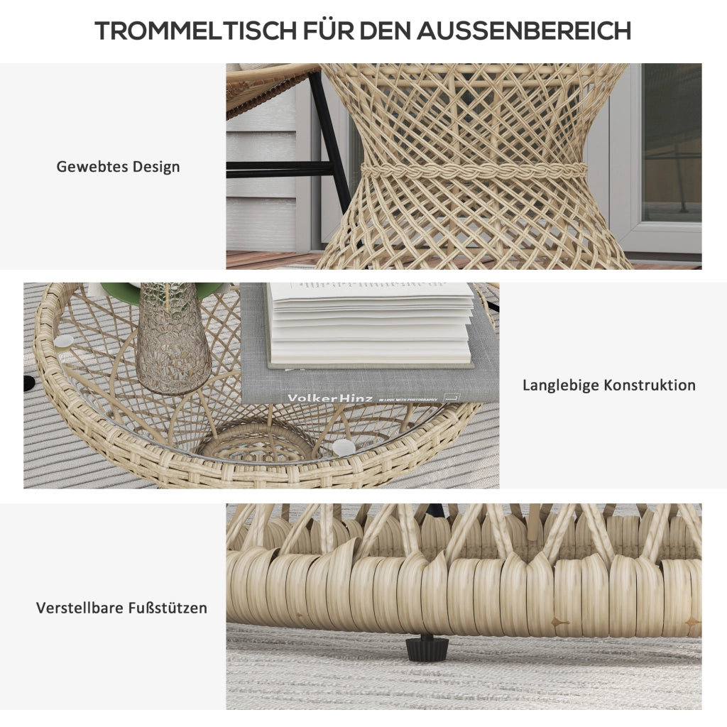 Tavolino da caffè Design Boho piano in vetro rattan PE 45 cm x 45 cm x 52 cm naturale