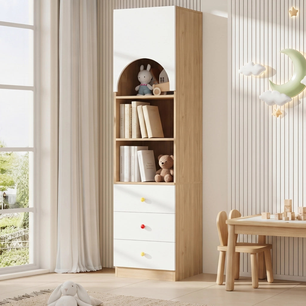 Libreria alta bianca e effetto legno con tre cassetti e tre ripiani in MDF