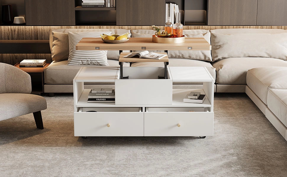 TAVOLINO ALZABILE E PIEGHEVOLE 100 x 50 x 47,5 cm MDF Colore Legno Naturale e Bianco con 4 Cassetti