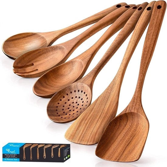 Set di Cottura in Legno - Padella Antiaderente - Attrezzatura da Cucina - Cucchiai e Spiedini da Cucina - Cucchiai per la Cottura (Set da 6)