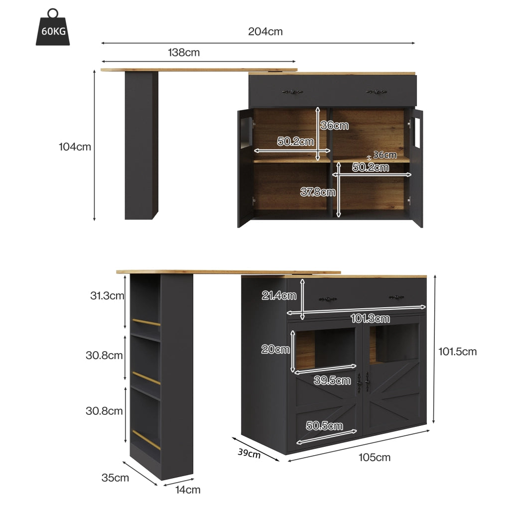 Tavolo da Pranzo Allungabile con 1 Cassetto; 3 Ripiani e Rotazione a 360 Gradi; in MDF; Nero; 138-204x39x104 cm