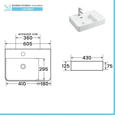 Lavabo da appoggio 60x43 con vasca a sinistra in ceramica lucida