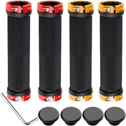 Set di Manubri da Bicicletta Professionale per Mountain Bike, Doppia Bloccatura in Alluminio, Manubri con Antiscivolo in Gomma, Protezione per Manubri da Bicicletta - Rosso + Oro - 2 Paia