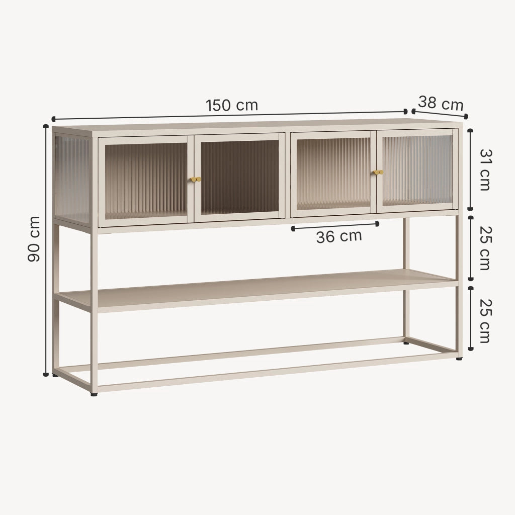 Credenza Bassa Säkylä con Ante in Vetro Scanalato 150x38x90 cm color Cammello [en.casa]