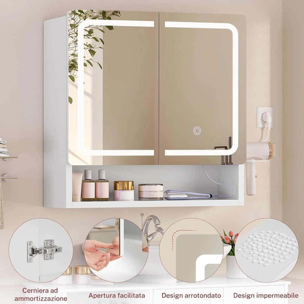 Specchio Bagno Contenitore con Luce LED e Presa Elettrica, Mobile Bagno a Specchio con 2 Ante e Gancio Asciugacapelli, 3 Temperature di Luce Dimmerabili a Touch, Ripiani Regolabili, Bianco