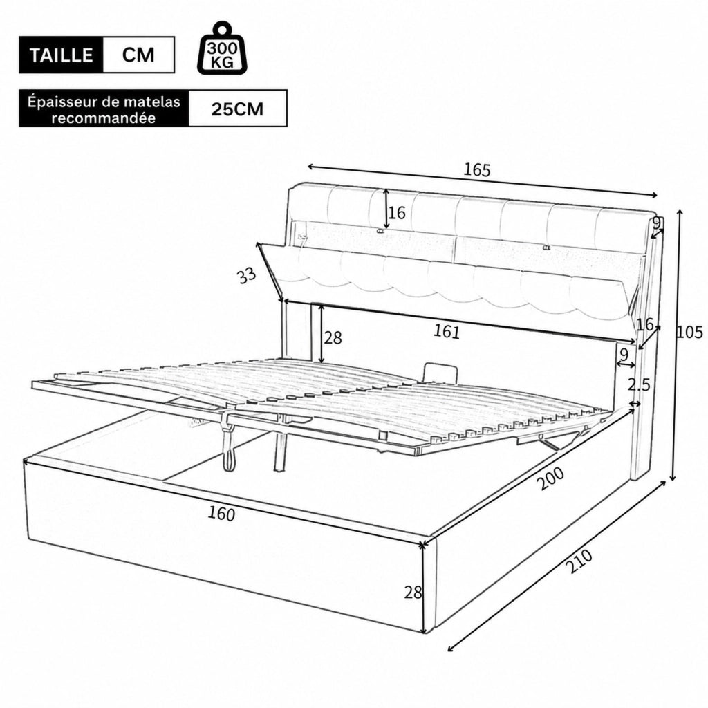 Letto imbottito 160x200 in PU bianco con contenitore idraulico e rete a doghe