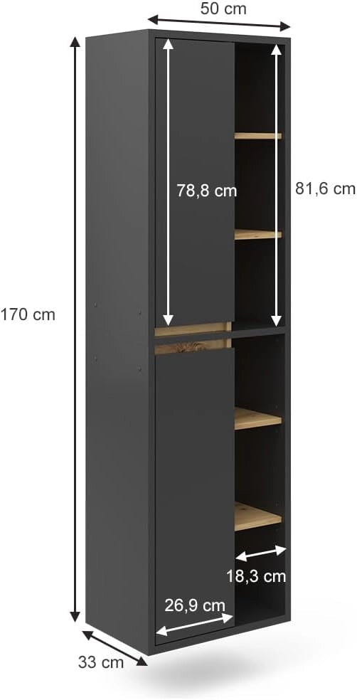 Armadio per il bagno Viola, Antracite, 50 x 170 cm con ante e vani a giorno, adatto al montaggio a parete e combinabile con altri mobili Viola
