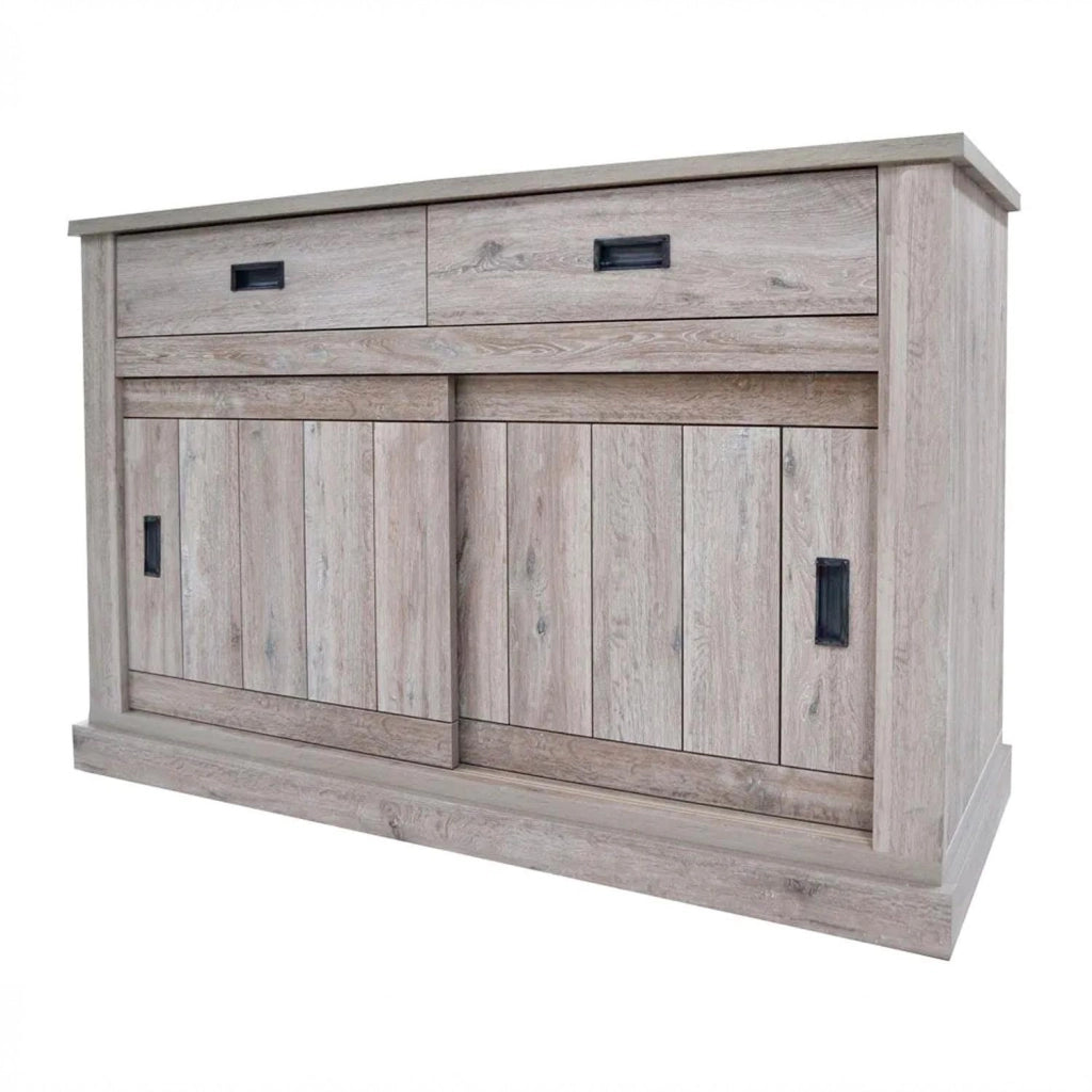 Madia Mobile Soggiorno Con 2 Cassetti E 2 Ante Scorrevoli 4 Ripiani Interni In Stile Minimal Shabby Chic Per Living Sala Pranzo 150 X 50 X 95.5 Cm Rovere Alaska