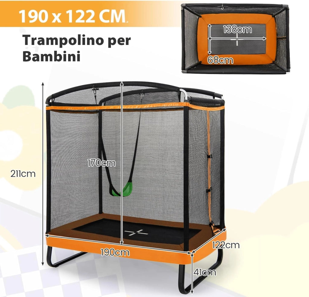 Trampolino per Bambini Rettangolare, Tappeto Elastico da Esterno ed Interno per Bambini da 190CM con Altalena e Rete di Sicurezza per Bambini più di 3 Anni, Portata 100kg