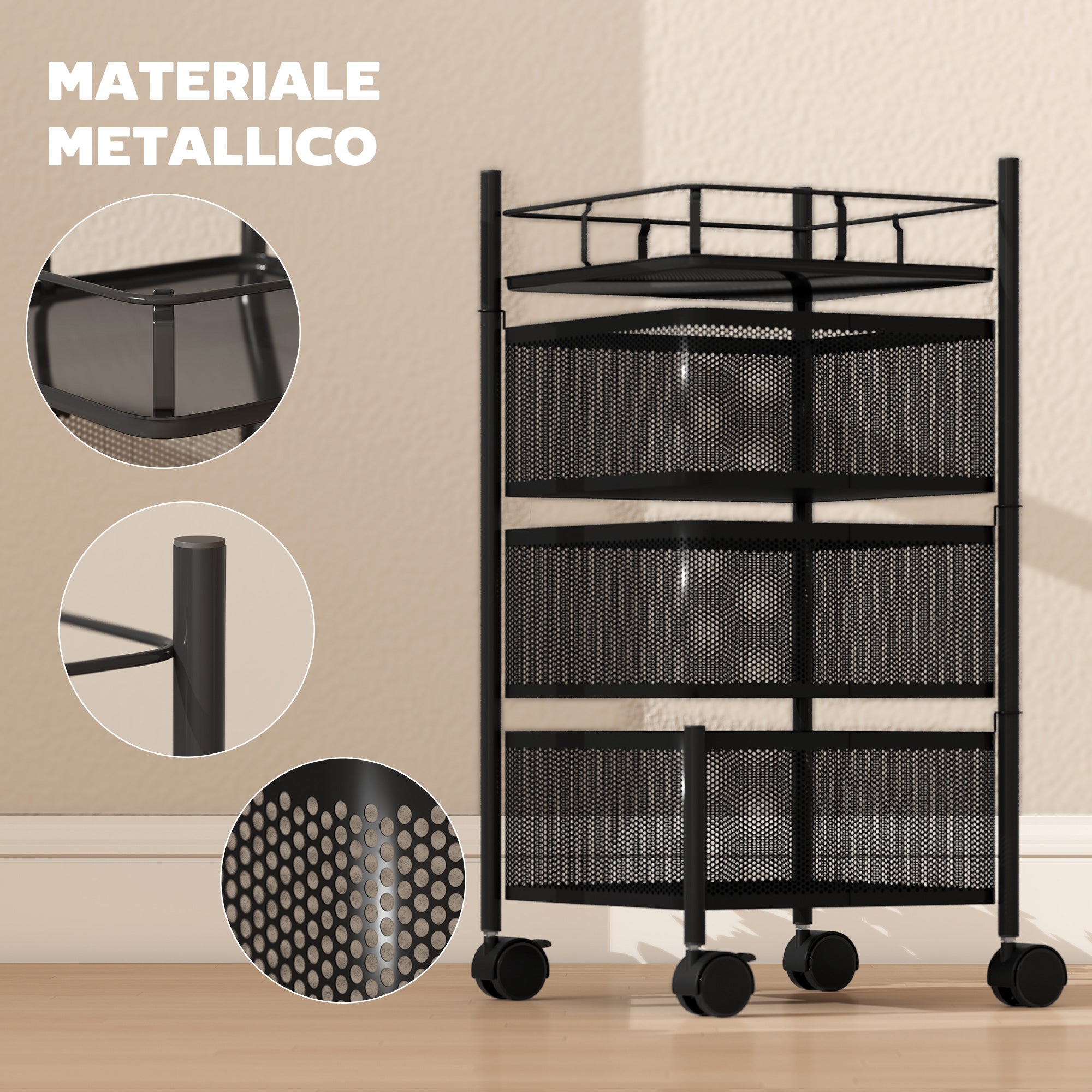 Carrello Cucina a 3 Livelli 27,5x27,5x62 cm con Cestini in Metallo Girevoli Ruote e Freno Nero