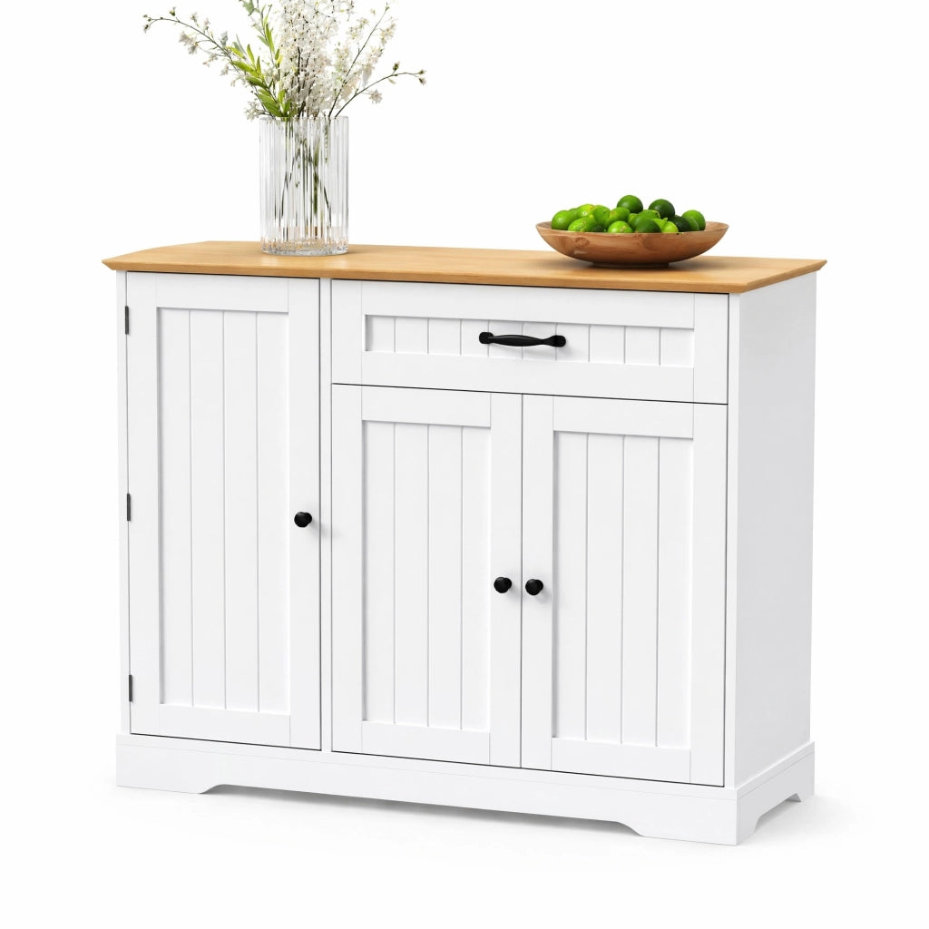 Credenza bianca e naturale in MDF, 3 ante e cassetto con ripiani regolabili