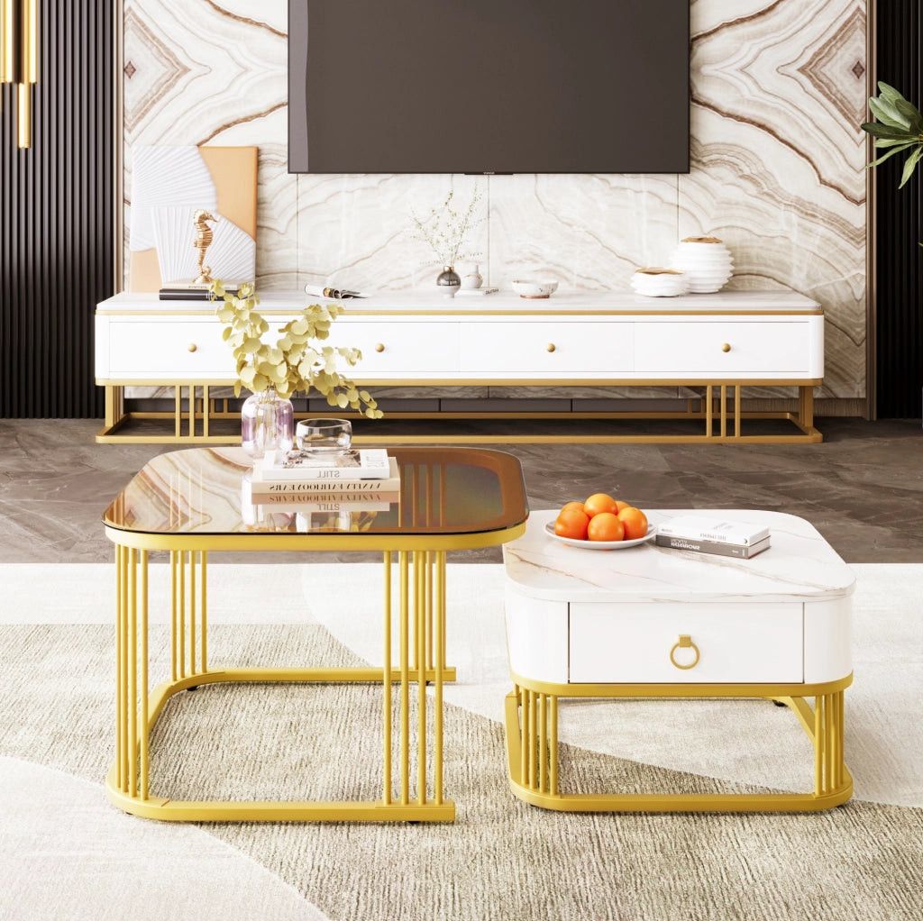 TAVOLINI DA SALOTTO Set 2 pezzi 60x60x44,5 cm + 50x50x34,5 cm MDF Bianco/Oro