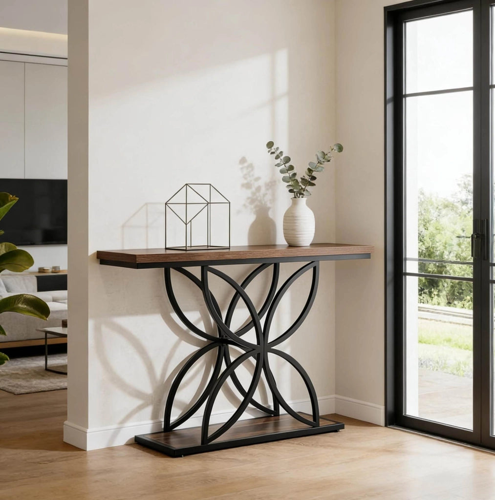 Tavolo consolle industriale in MDF e metallo nero e marrone; portata 45 kg