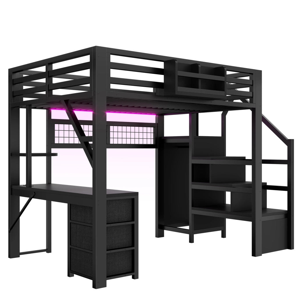 Letto a soppalco in metallo 140x200 cm con scrivania; 3 cassetti; mensole; armadio/guardaroba e LED; nero