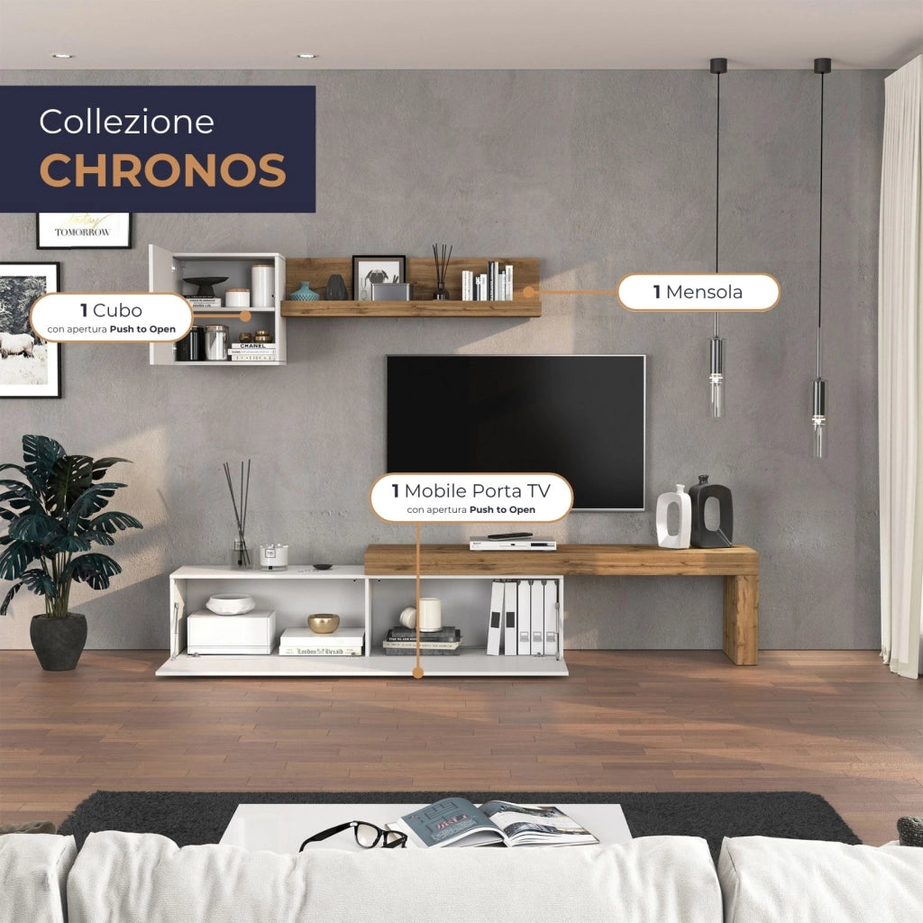 WHOUS Parete attrezzata Chronos set soggiorno bianco lucido e rovere 190/350x40 cm