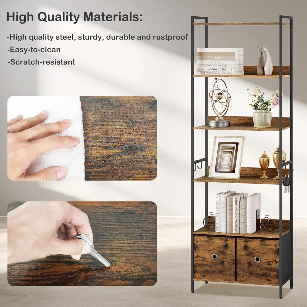 Libreria a 5 Piani con 2 Cassetti, Scaffale di Stoccaggio a Pavimento, Industriale, Struttura in Acciaio, Soggiorno/Ufficio/Studio/Cucina/Camera da Letto, Marrone Rustico+Nero, RGB62vbn