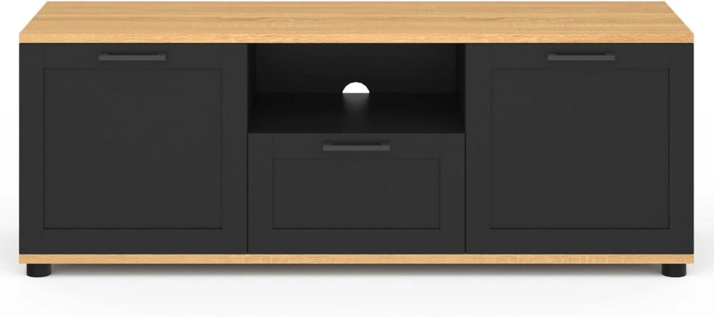 Mueble TV VITO con cajón y hornacina negros y tapa de madera de 110 cm