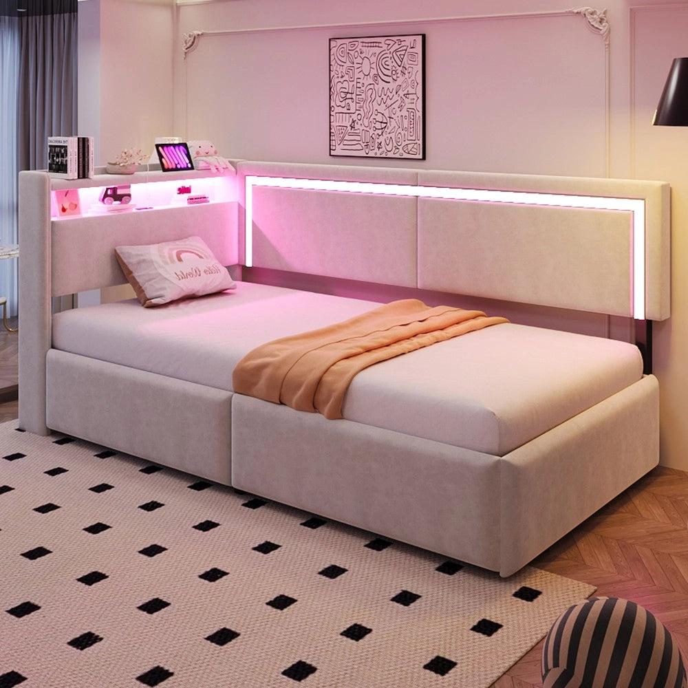 Letto Imbottito Contenitore con LED ¨C Xylo ¨C Velluto Beige 90x200