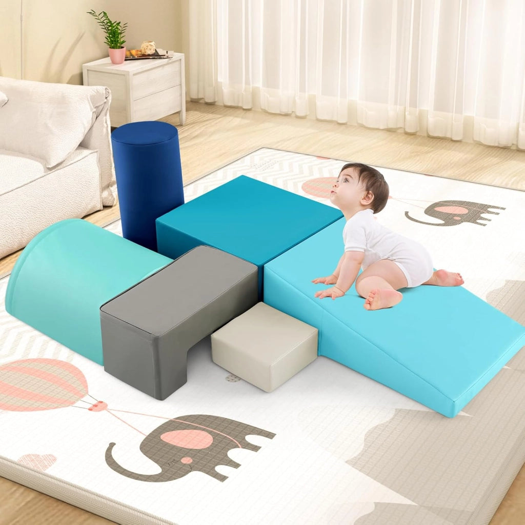 Set di 6 Blocchi per Bambini con Diverse Forme e Colori, Centro Attività Palestrina Giocattolo per Arrampicata e Strisciamento (Blu chiaro)