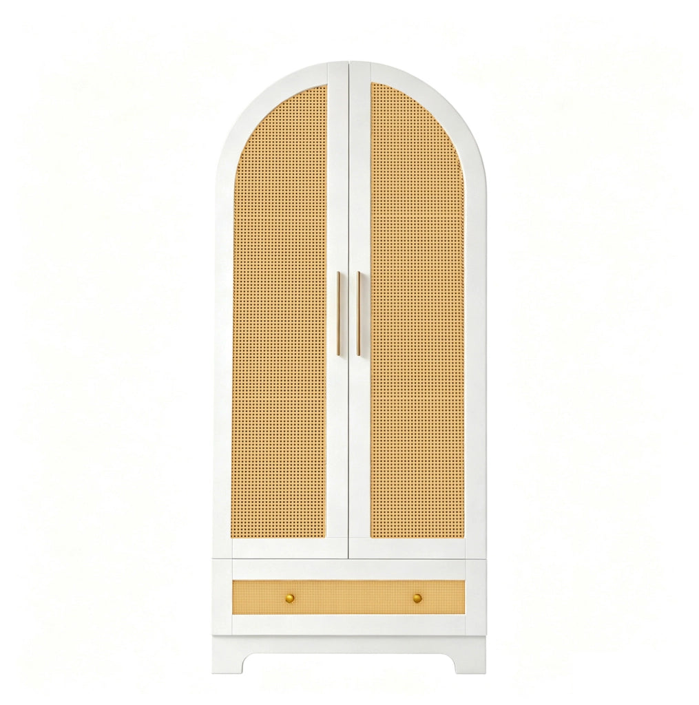 Armadio a 2 ante con 2 cassetti e vano capiente 70 x 55 x 170 cm; effetto rattan; bianco