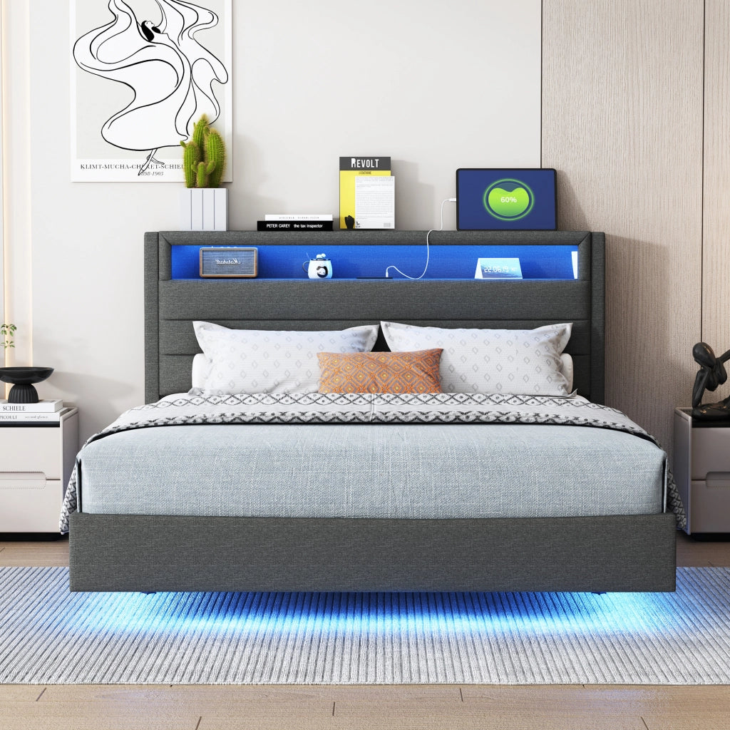 Letto matrimoniale – 140x200 cm – USB LED testiera reversibile – lino grigio
