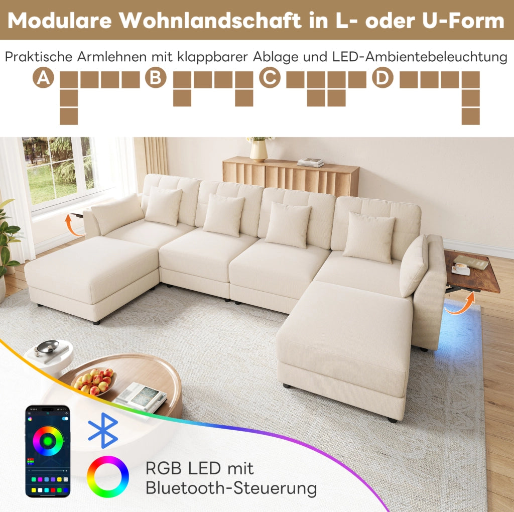 Divano modulare a U/L con 2 pouf; LED e tavolini pieghevoli; ciniglia beige