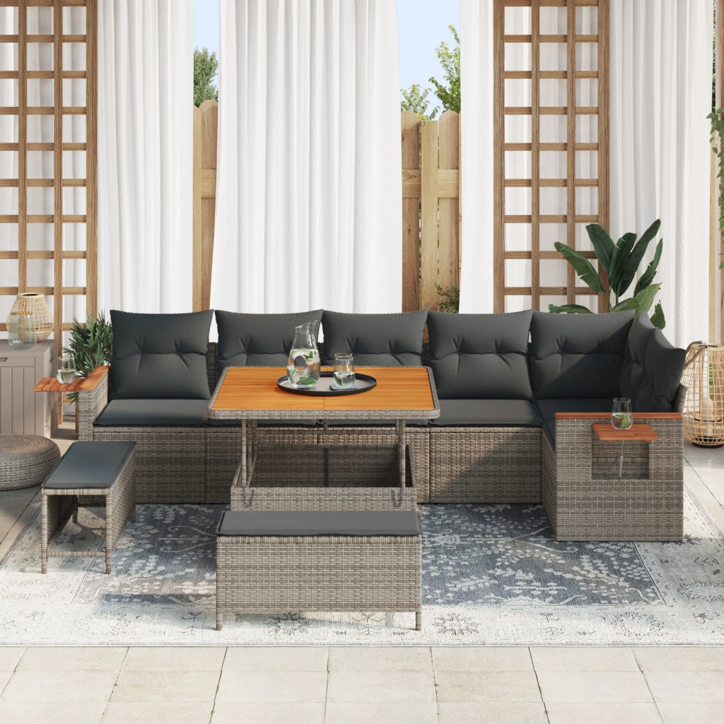 Set Divano da Giardino 9 Pezzi con Cuscini Grigio Rattan Sintetico Acacia