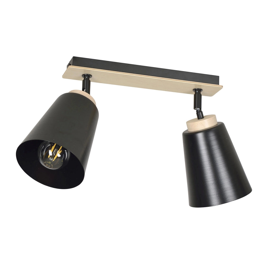 Plafoniera Faretti Spot Orientabili 2 Luci Xiwangmu Acciaio Nero E Legno Naturale