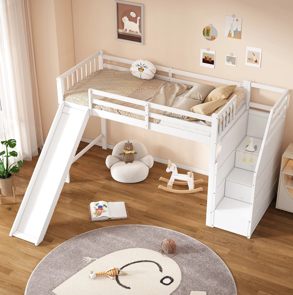 Letto a soppalco per bambini 90x200 cm con scivolo bianco