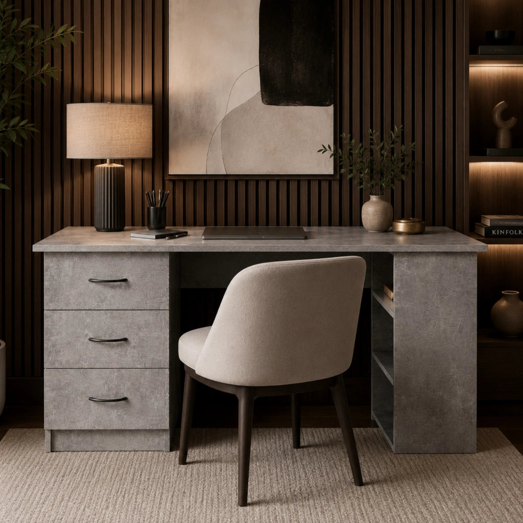 Scrivania Per Studio Con 3 Cassetti E 3 Vani A Giorno Scrittoio In MDF Resistente Dallo Stile Minimal Per Ufficio Cameretta E Smart Working 120 x 49 x 72 Cm Grigio Cemento
