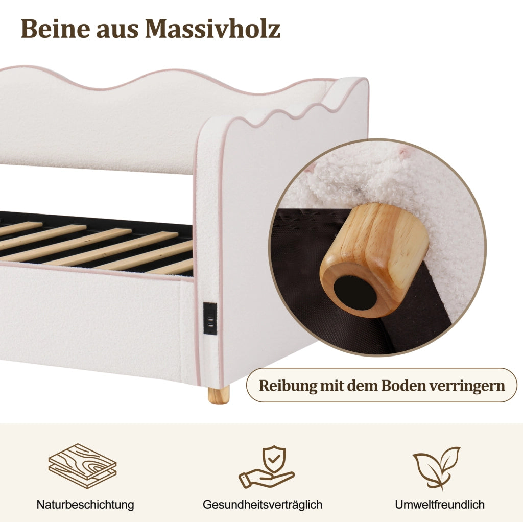 Letto imbottito 90x200 cm con contenitore idraulico; presa USB/Type-C; bouclé beige