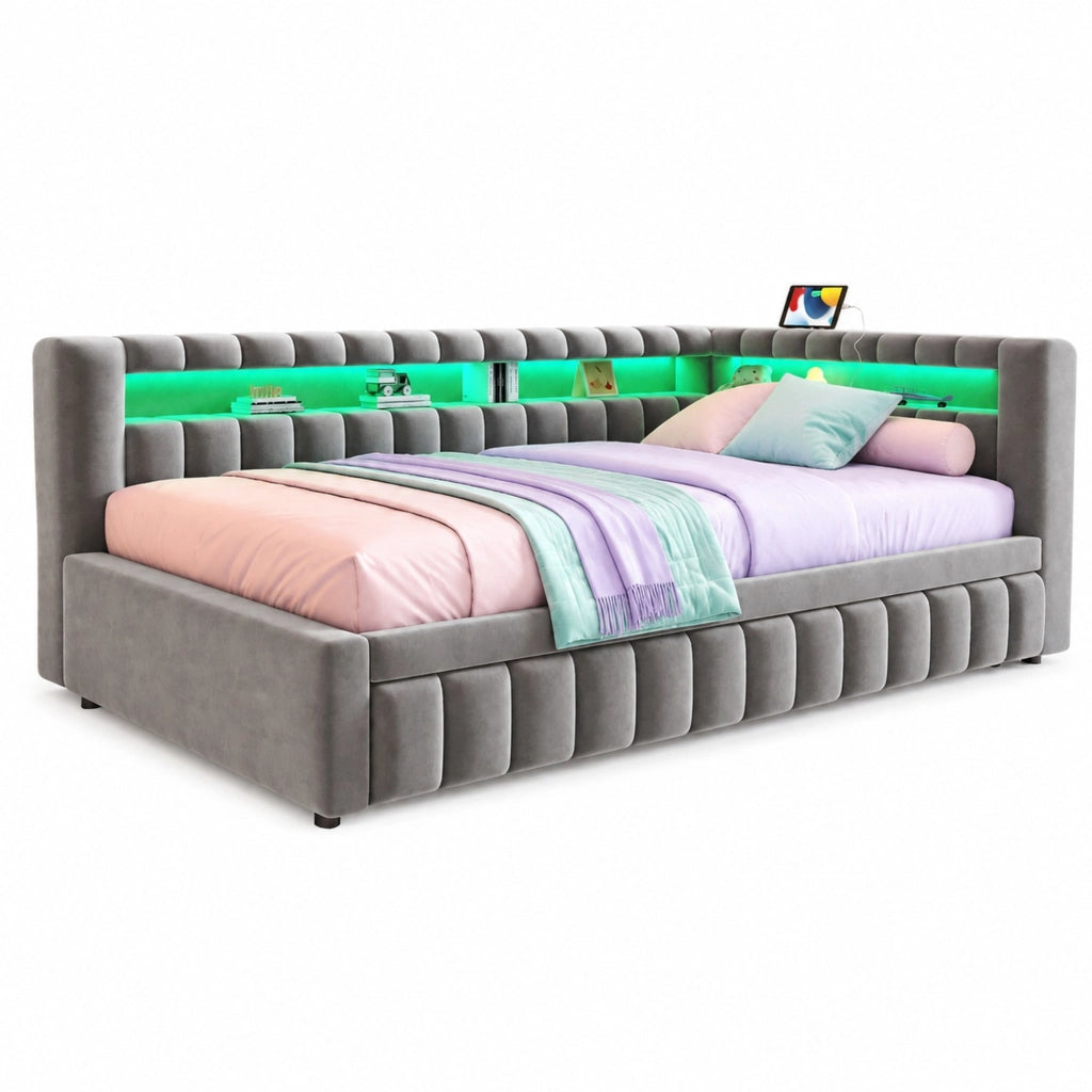 Letto a Divanetto 90x200 cm; Letto Singolo con LED; USB e Tipo C; in Velluto Grigio Chiaro