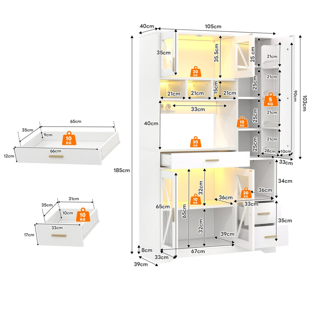 Credenza 105x40x185 cm con LED multicolore e prese; in MDF bianco