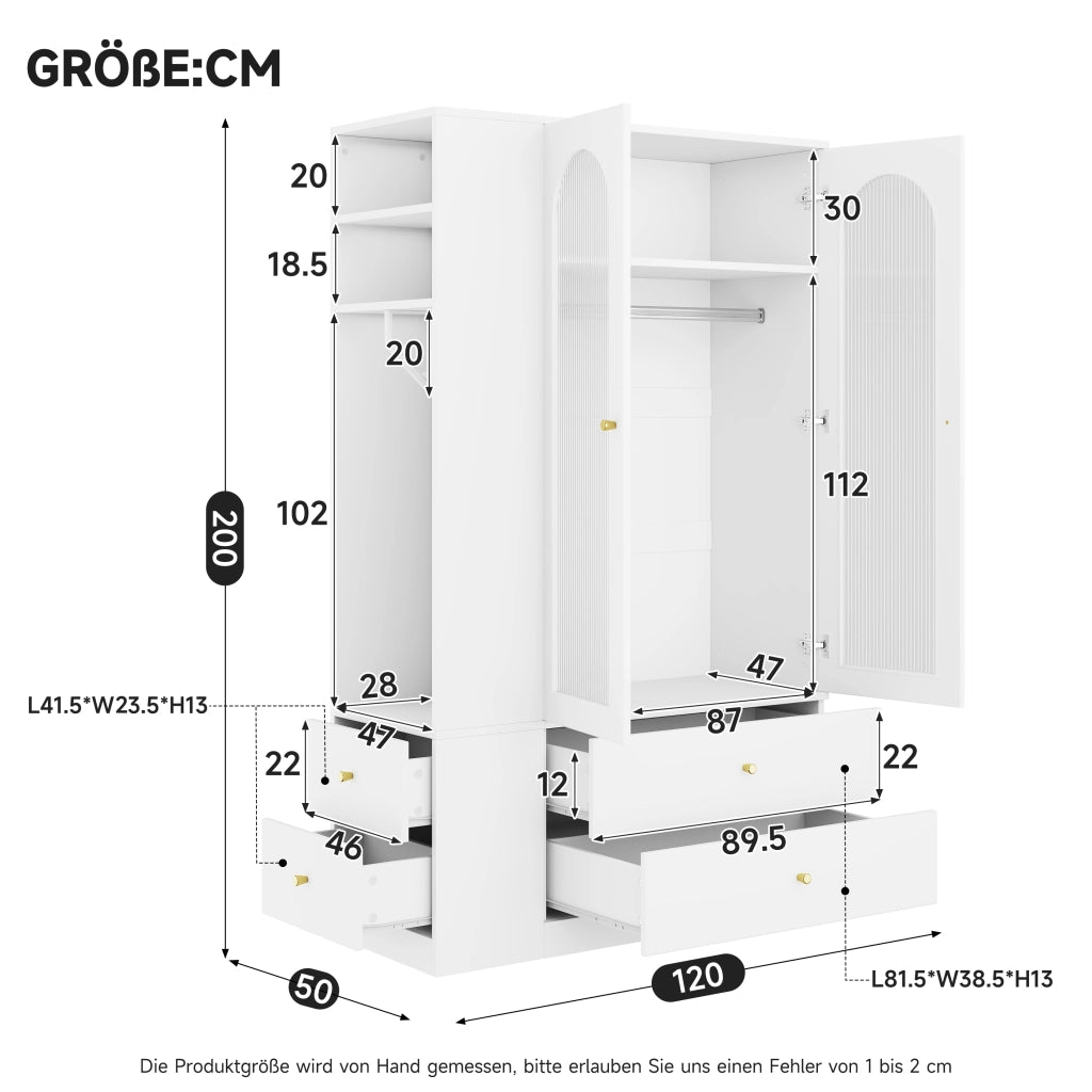 Armadio 120x50x200 cm con 4 cassetti e 2 ante in vetro MDF bianco