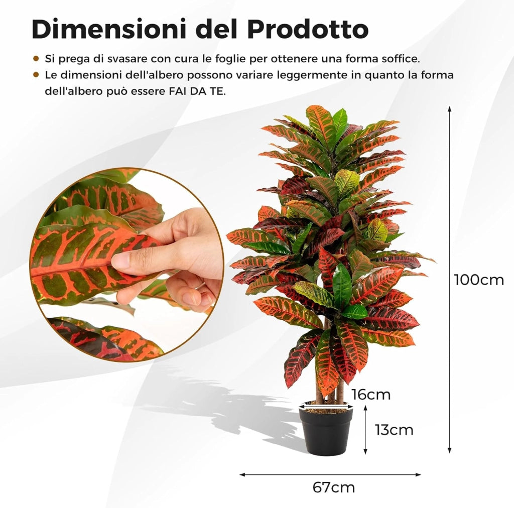 Pianta Artificiale di Croton 100 CM, Albero di Croton Finto con Foglie Variopinte, Tronco Naturale in Legno, Pianta Finta Realistica per Ufficio e Casa
