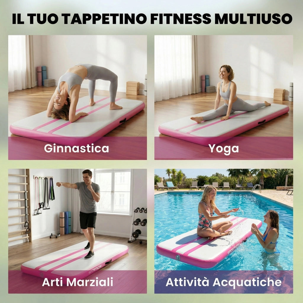 Tappetino Gonfiabile Ginnastica 205x102x10 cm con Pompa Elettrica e Borsa Trasporto in PVC Rosa