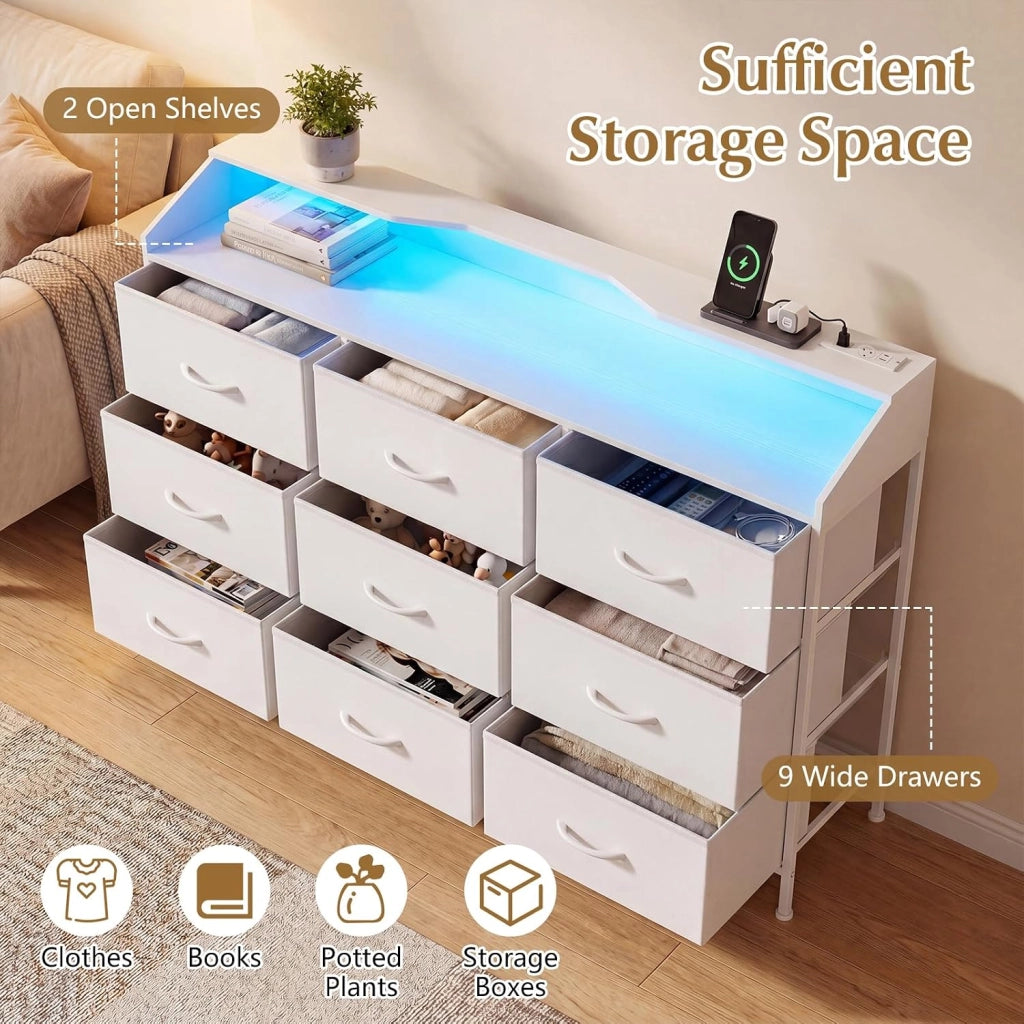 Cassettiera Camera da Letto con 9 Cassetti in Tessuto, Stazione di Ricarica e Luci LED, Cassettiera Armadio con Struttura in Metallo e 2 Dispositivi Anti-ribaltamento per Ingresso, Soggiorno
