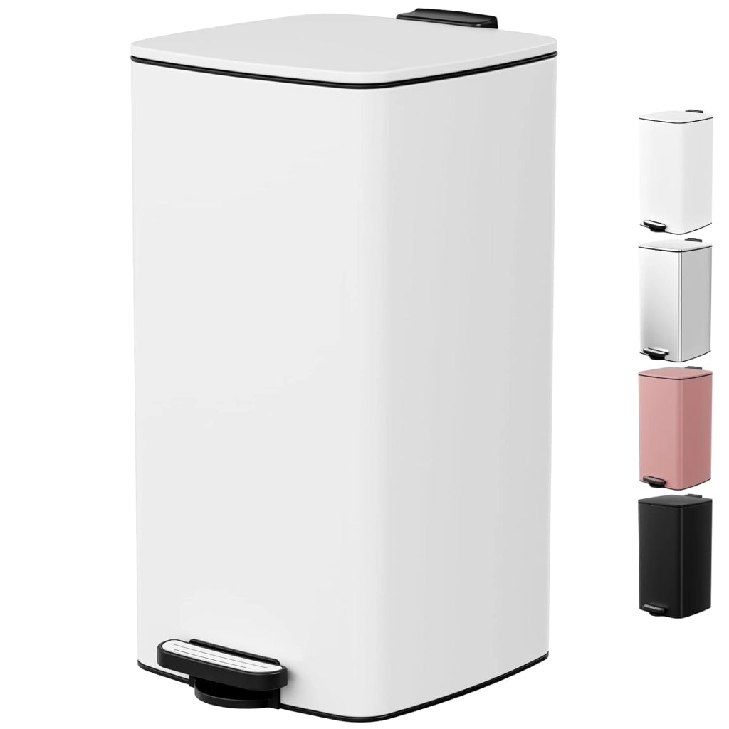Pattumiera Cucina 30 L a Pedale, Pattumiera Rettangolare in Acciaio con Coperchio Soft-Close, Secchio Interno e Funzione di Mantenimento Aperto, per Cucina, Soggiorno e Ufficio – Bianco