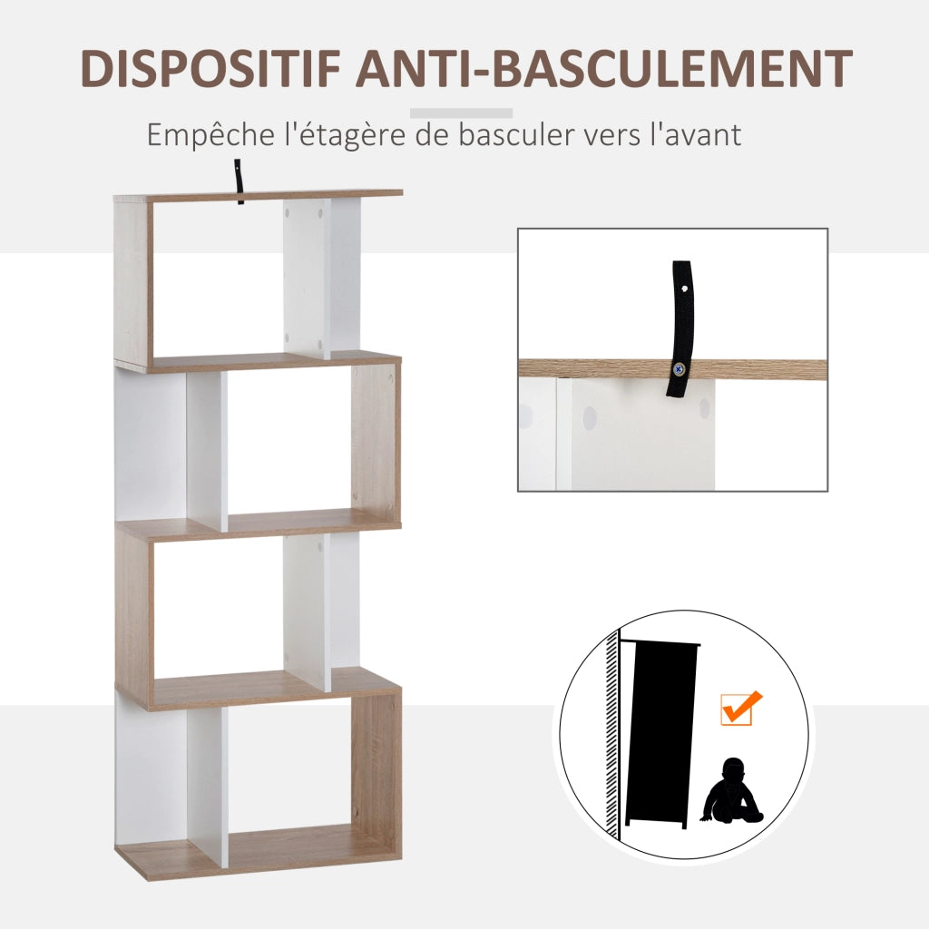 Libreria 4 livelli a S ¨C zephmum ¨C legno naturale e bianco 60x24x148
