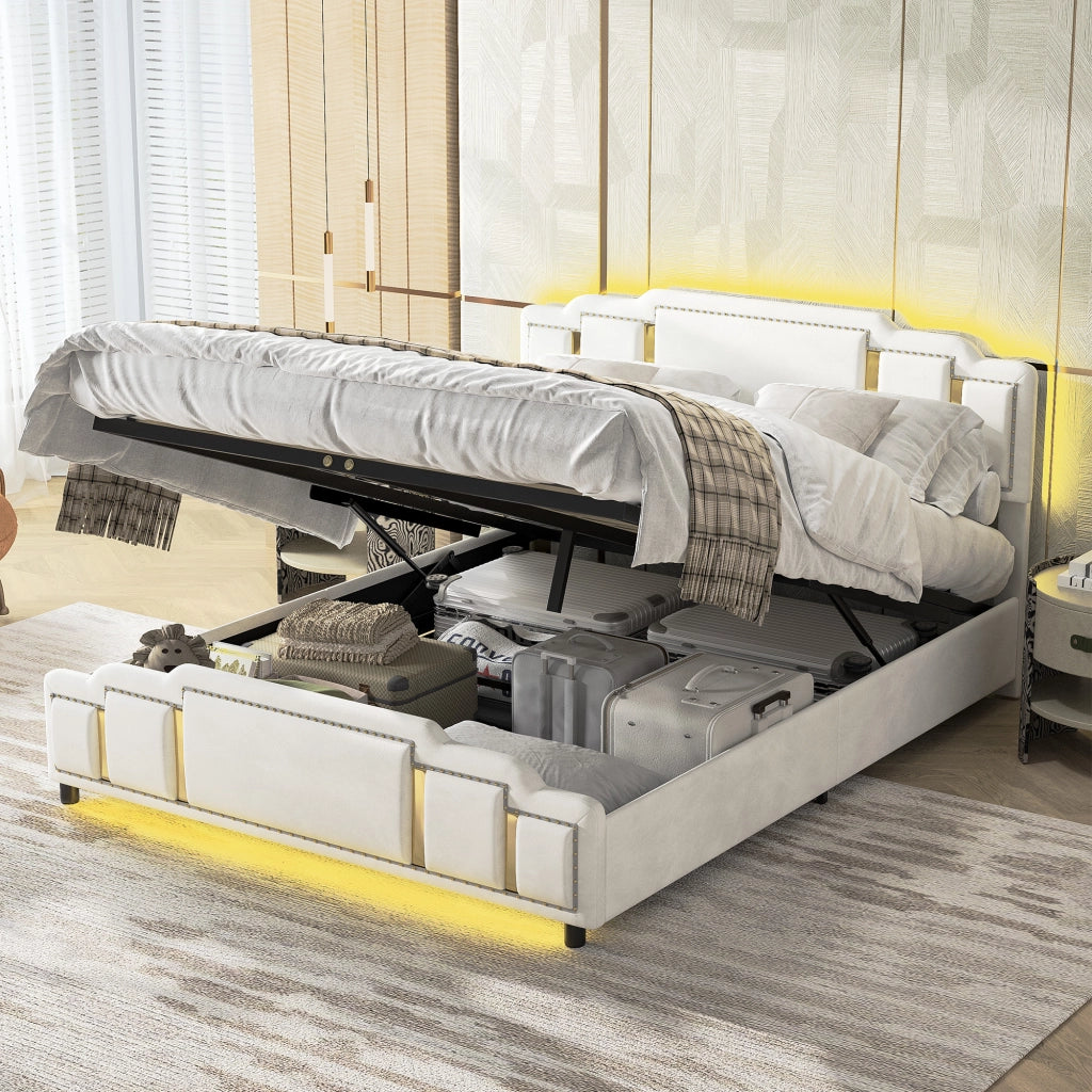 Letti contenitori 160x200 cm con sollevamento idraulico; velluto beige