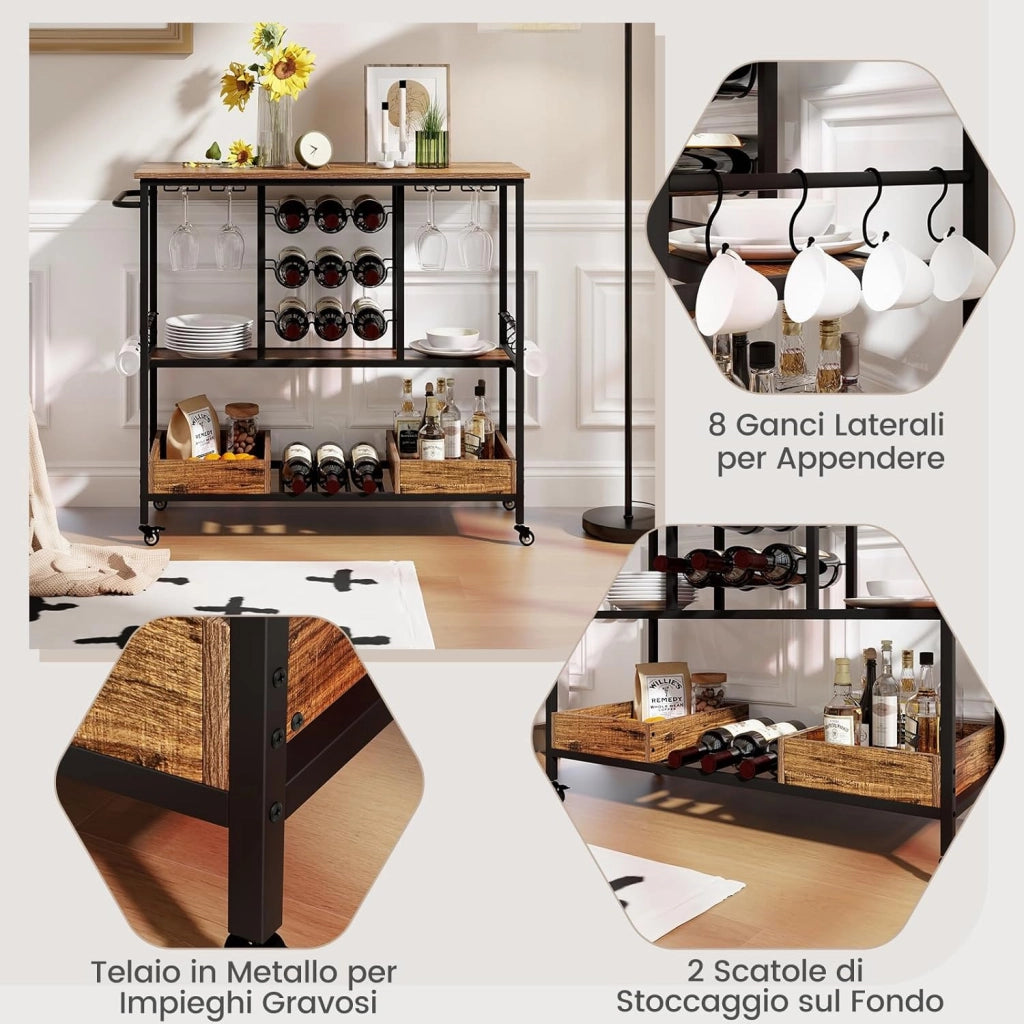 Carrello Bar a 3 Livelli, Carrello Portabevande con Portabicchieri, Portabottiglie, 8 Ganci e 2 Scatole Portaoggetti, Carrello di Vino per Cucina, Sala da Pranzo e Soggiorno