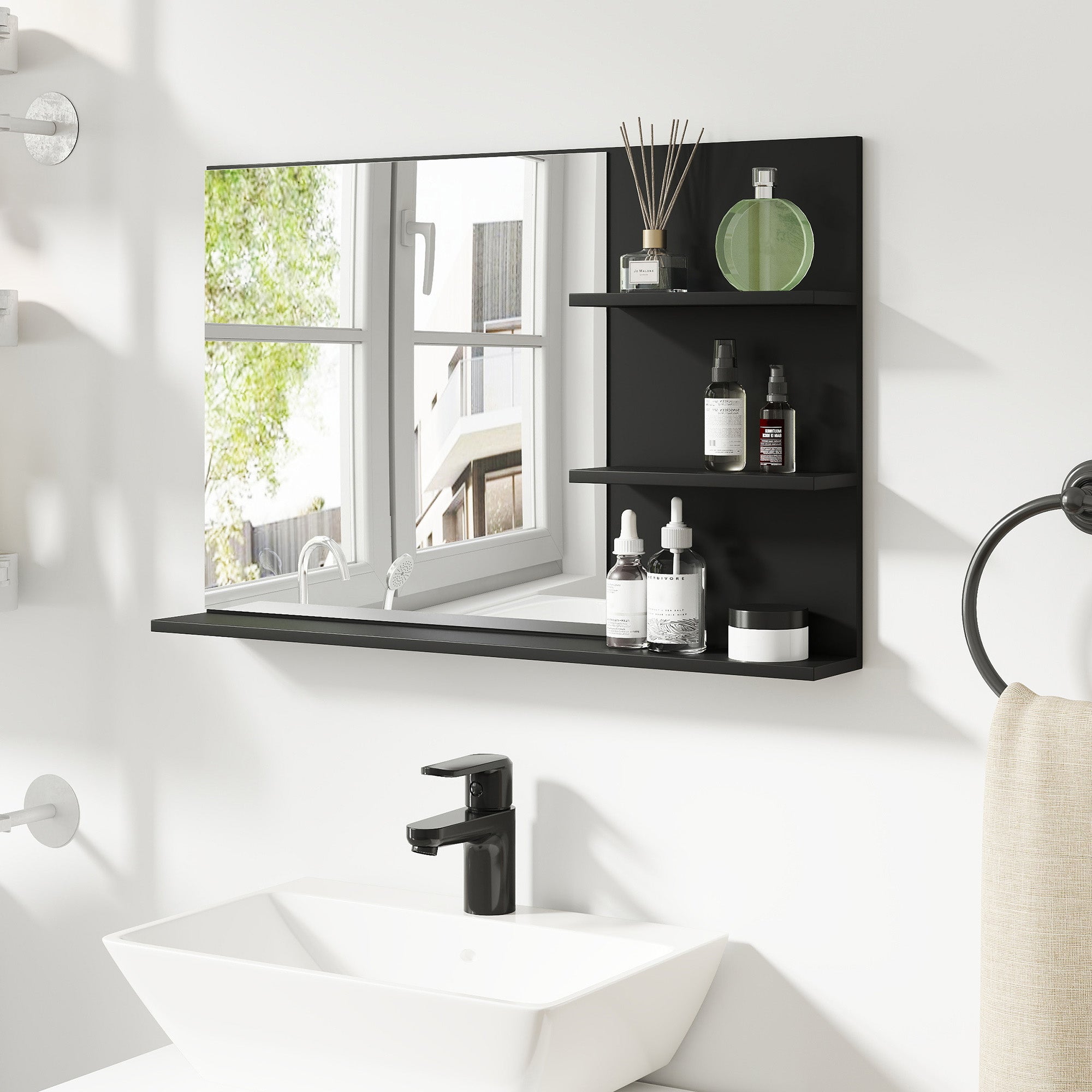 Specchio Bagno da Parete 75x10x48 cm con Mensole in Legno e Vetro Nero