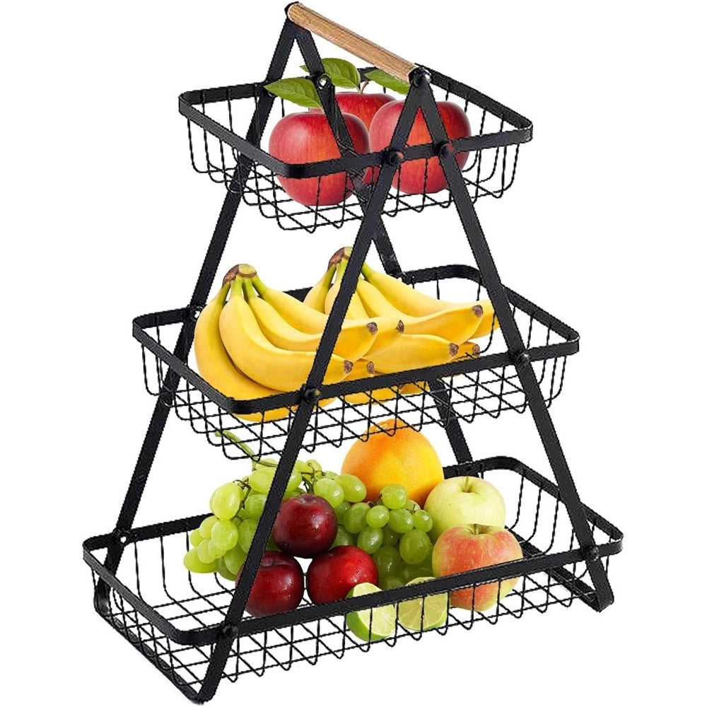 Trade Shop - Cestino Porta Frutta Rettangolare A 3 Ripiani Con Manico Legno Decorazione Cucina Casa -