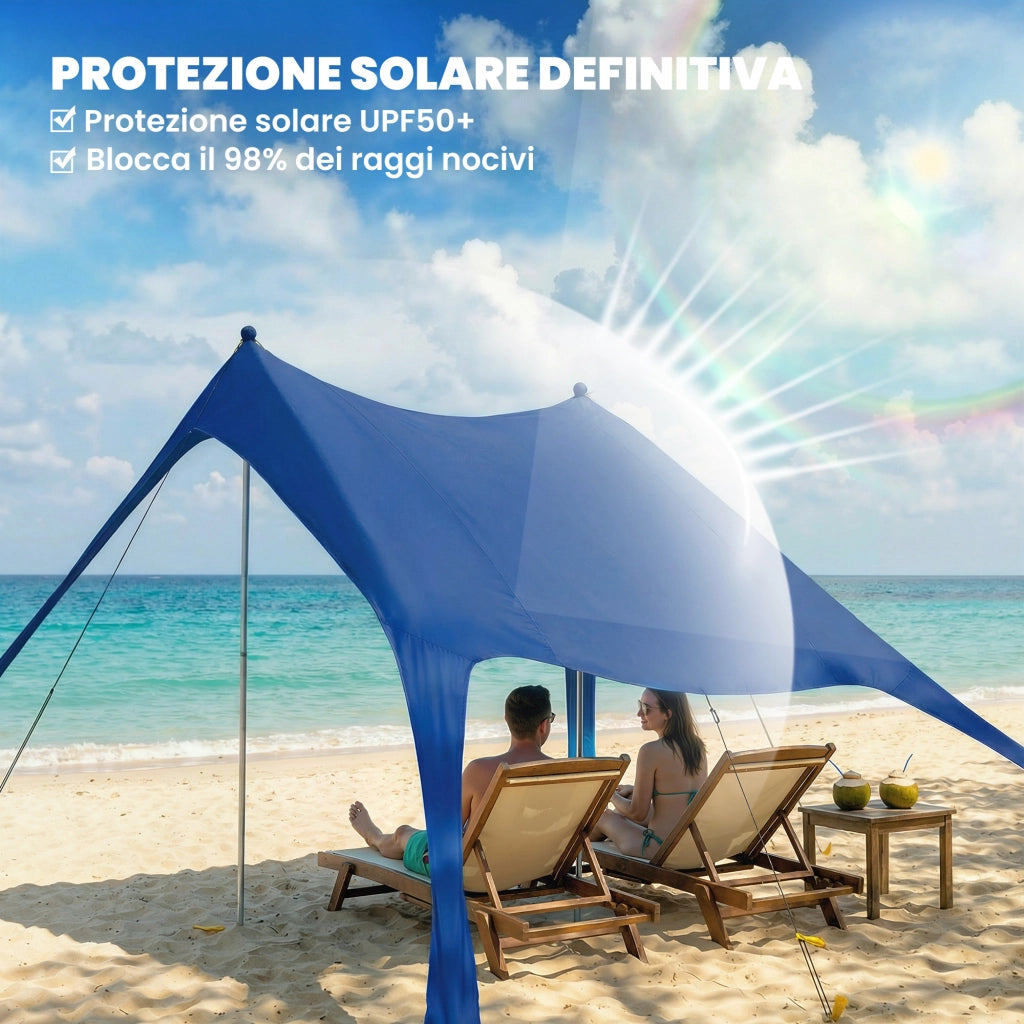 Tenda da Spiaggia UV 50+ per 2-4 Persone con Tappetino e Pala, in Lycra e Alluminio, 200x208x200 cm, Blu