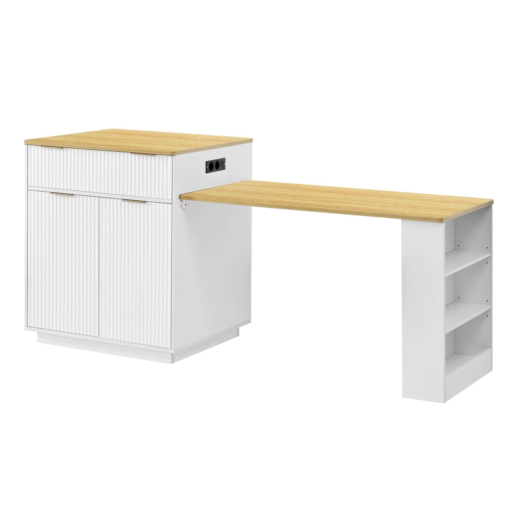 Tavolo da pranzo estensibile con LED; cassetti e ripiani per cucina in MDF bianco