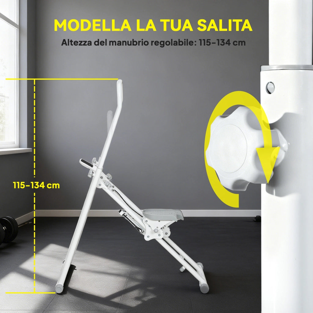Stepper Vertical Climber Pieghevole con Impugnatura Regolabile Pedali Antiscivolo e Monitor LCD Bianco