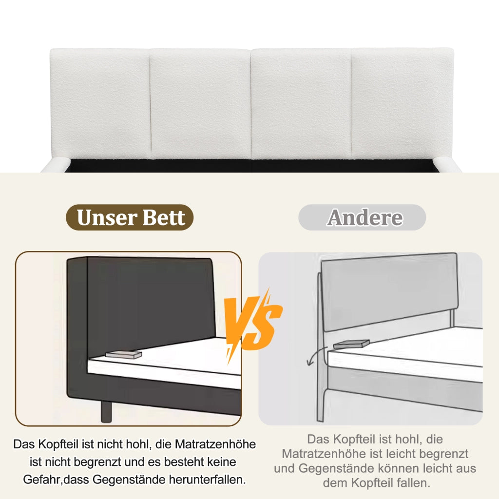 Letto Matrimoniale 180x200 cm; 2 Posti - Testiera Imbottita; Struttura Incassata in Bouclé Beige