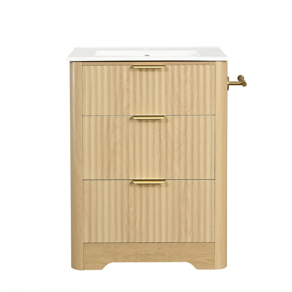 Mobile da bagno con lavabo in ceramica, cassetti portaoggetti, portarotolo, maniglie in metallo, senza rubinetto, color legno naturale